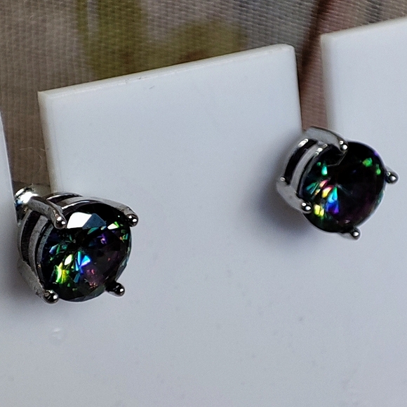 Mystic Topaz Purple Blue Green Rainbow Big Stud Pierced Silver Tone Earrings NEW - Picture 4 of 8